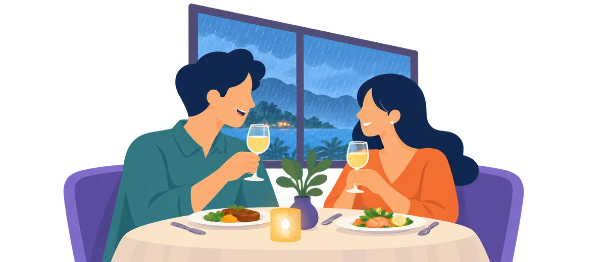 雨の日も食事を楽しむ旅行者と、もうひとつの特典