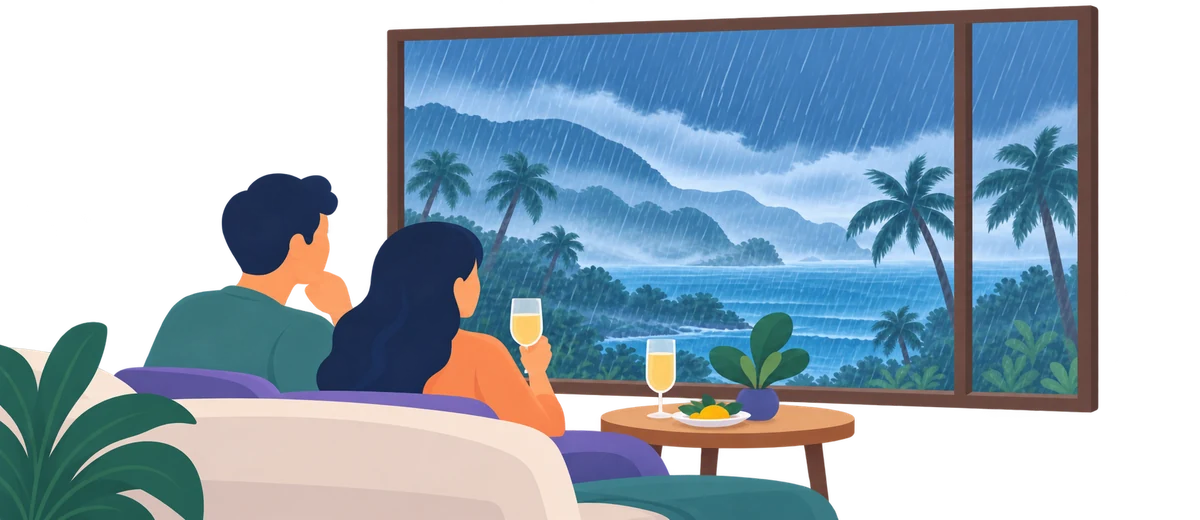 リゾートホテルの客室から、雨でかすむ海を眺める旅行者
