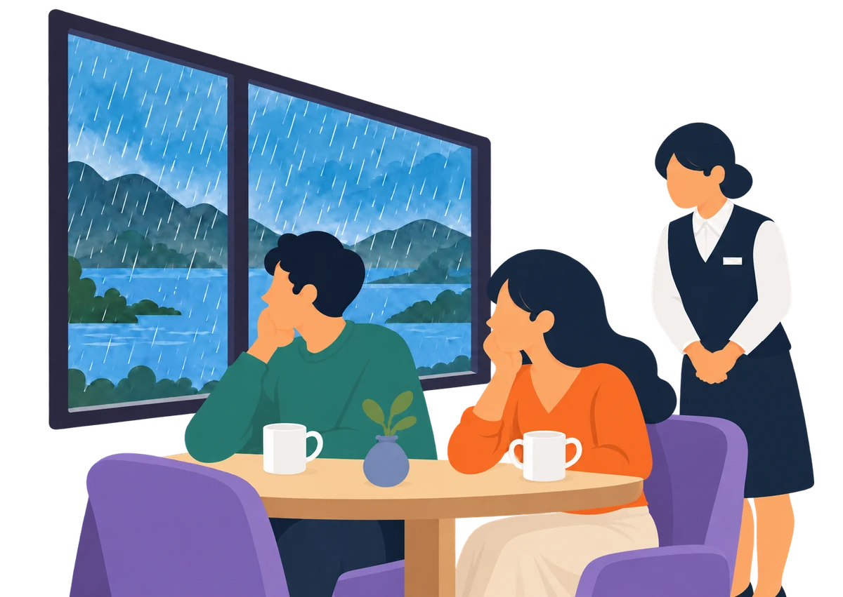 雨で景色を楽しめずにいる旅行者と、寄り添うホテルスタッフ